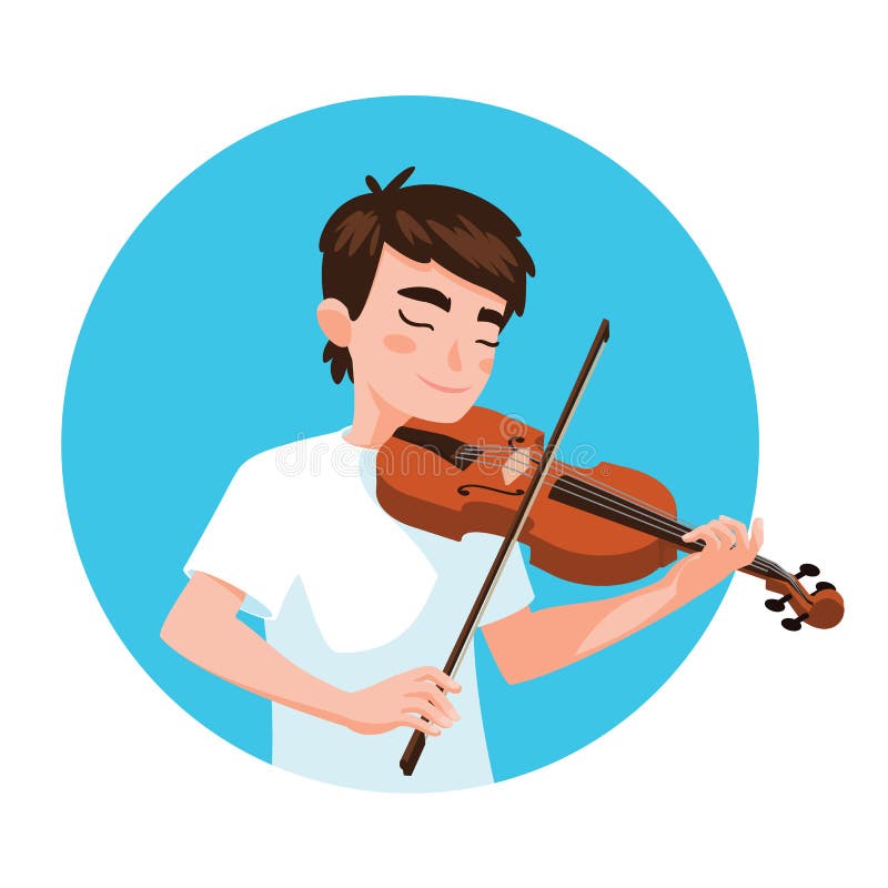 Musician playing violin. Boy violinist is inspired to play a classical musical instrument. Vector