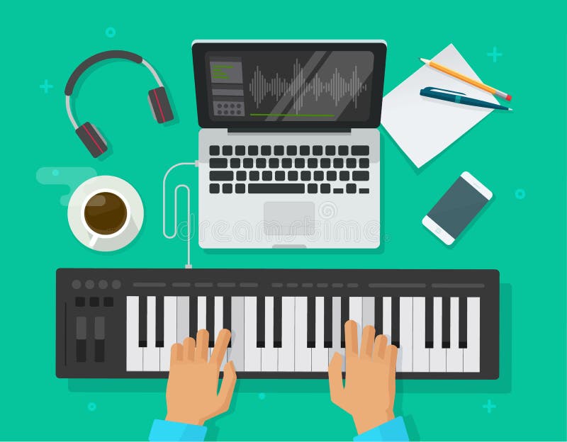 Musician workspace studio vector illustration, flat cartoon person playing midi piano keyboard, compose electronic music royalty free illustration Musician workspace studio vector illustration, flat cartoon person playing midi piano keyboard, compose electronic music royalty free illustration