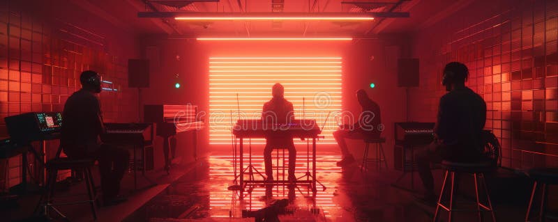 Musicians in a Modern Studio with Neon Lights Creating Music in a Futuristic Setting vector illustration