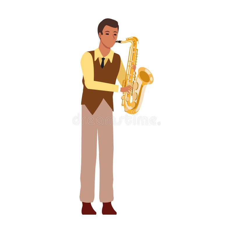 Cartoon musician playing a saxophone icon over white background, colorful design. vector illustration. Cartoon musician playing a saxophone icon over white background, colorful design. vector illustration
