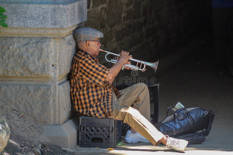 Musicien jouant la trompette dans le Central Park photographie stock libre de droits Musicien jouant la trompette dans le Central Park photographie stock libre de droits