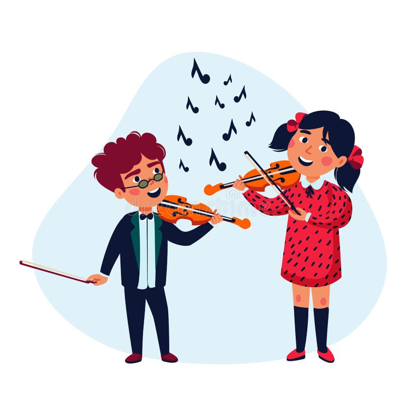 Musiciennes de fille et de garçon Enfants heureux jouant des violons Concert d'école de musique Illustration plate de vecteur de illustration de vecteur Musiciennes de fille et de garçon Enfants heureux jouant des violons Concert d'école de musique Illustration plate de vecteur de illustration de vecteur