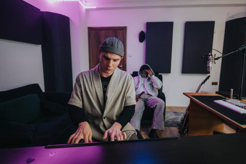 Musiciens multigenres créant de la musique ensemble dans un studio d'enregistrement moderne photographie stock