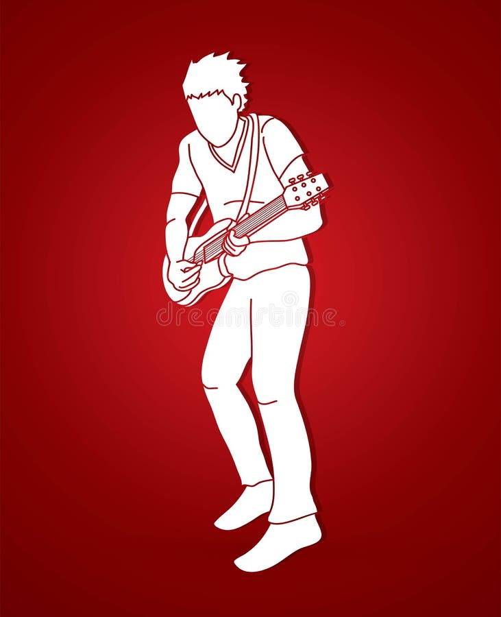 Musicista che gioca chitarra elettrica, grafico della banda di musica illustrazione vettoriale Musicista che gioca chitarra elettrica, grafico della banda di musica illustrazione vettoriale