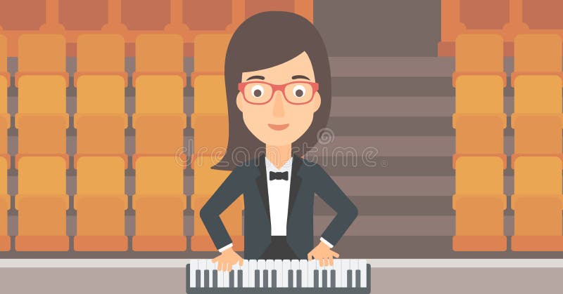 A woman playing piano on the background of empty theater seats vector flat design illustration. Horizontal layout. A woman playing piano on the background of empty theater seats vector flat design illustration. Horizontal layout.