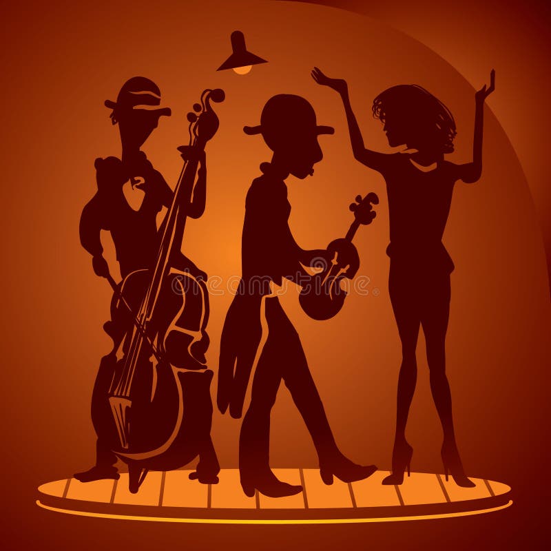 Musicians, singer, violin and Double bass on a cabaret scene. Vector drawing on original sketch. Musicians, singer, violin and Double bass on a cabaret scene. Vector drawing on original sketch