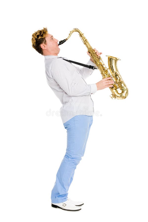Musiker plays saxofonbarn royaltyfri bild