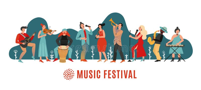 Musikfestival Internationell konsert, banderoll för musikevenemang Musiker med instrument, öppen affisch Vector royaltyfri illustrationer Musikfestival Internationell konsert, banderoll för musikevenemang Musiker med instrument, öppen affisch Vector royaltyfri illustrationer