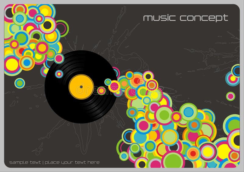 Retro music background with colorful bubbles and vinyl record (linework behind is complete, therefor also usable without record). Retro music background with colorful bubbles and vinyl record (linework behind is complete, therefor also usable without record)