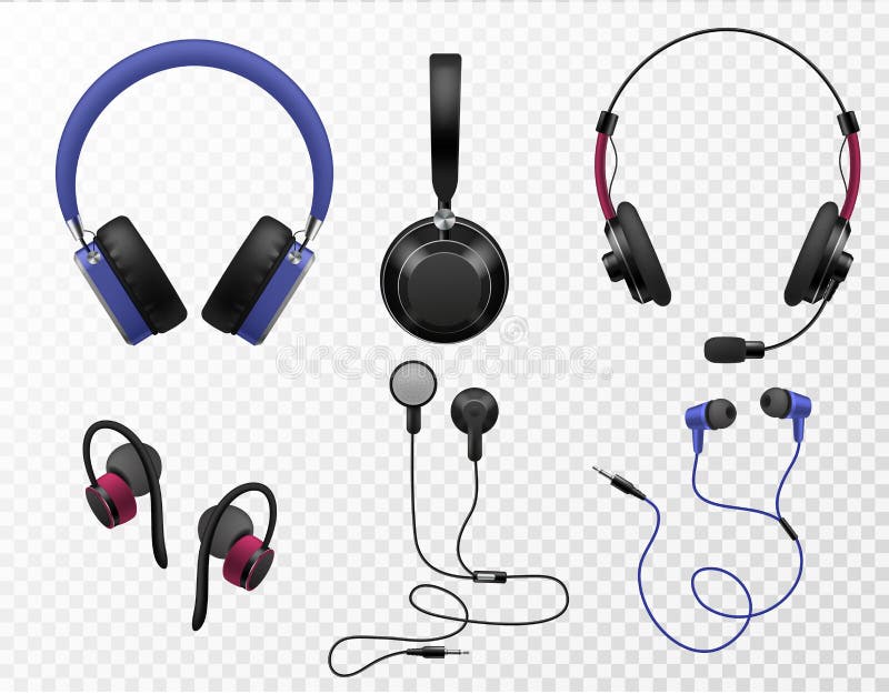 Musikhörlurar Olika typer av realistiska hörlurar, trådlöst headset och bärbara hörlurar, ljudgadget