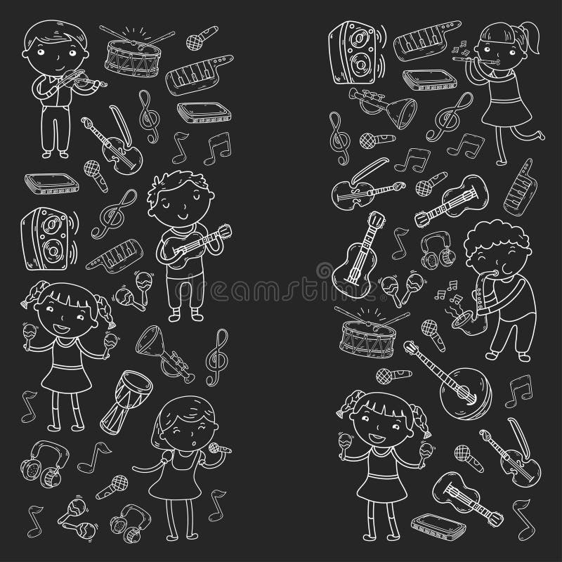 Musikskola för barn för ungevektorillustration som sjunger sånger som spelar symbolen för musikinstrumentdagisklotter royaltyfri illustrationer Musikskola för barn för ungevektorillustration som sjunger sånger som spelar symbolen för musikinstrumentdagisklotter royaltyfri illustrationer