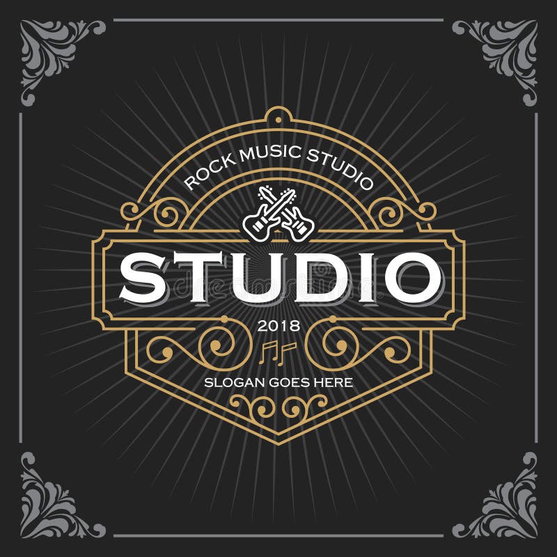 Musikstudiologo Weinlese-Luxusfahnen-Schablonen-Design für Aufkleber, Rahmen, Produkt-Tags Retro- Emblem-Design vektor abbildung