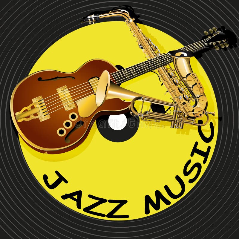 Vector illustration jazz music on the background of a vinyl record, saxophone, trumpet and jazz guitar SEMI. Vector illustration jazz music on the background of a vinyl record, saxophone, trumpet and jazz guitar SEMI