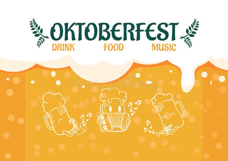 Musique de jeux de bande dessinée de bière sur le modèle d'affiches de fond oktoberfest en verre de bière.