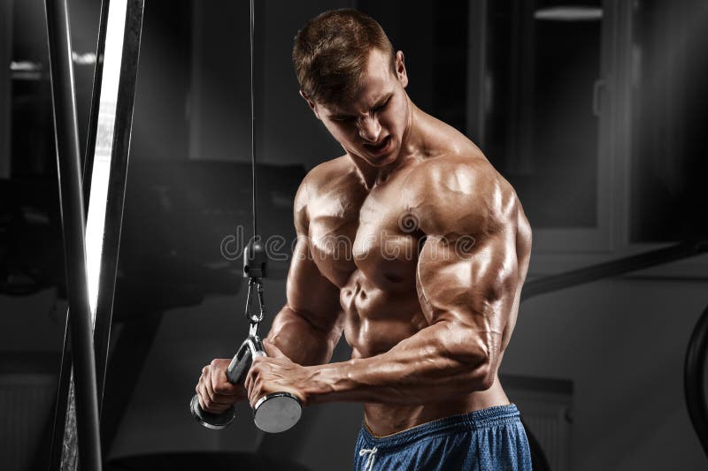 Muskulös man som utarbetar i idrottshallen som gör övningar på triceps, stark manlig naken torsoabs royaltyfri foto Muskulös man som utarbetar i idrottshallen som gör övningar på triceps, stark manlig naken torsoabs royaltyfri foto