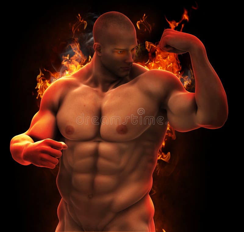 Muskulöser Held des Bodybuilders im Feuer lizenzfreie abbildung Muskulöser Held des Bodybuilders im Feuer lizenzfreie abbildung