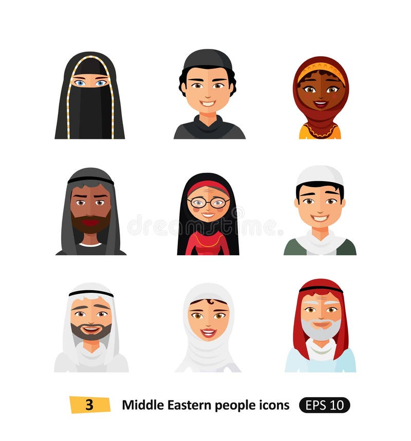 Muslim arab people avatars characters icons set in flat style isolated different arabic ethnic man and woman users faces royalty free illustration Muslim arab people avatars characters icons set in flat style isolated different arabic ethnic man and woman users faces royalty free illustration