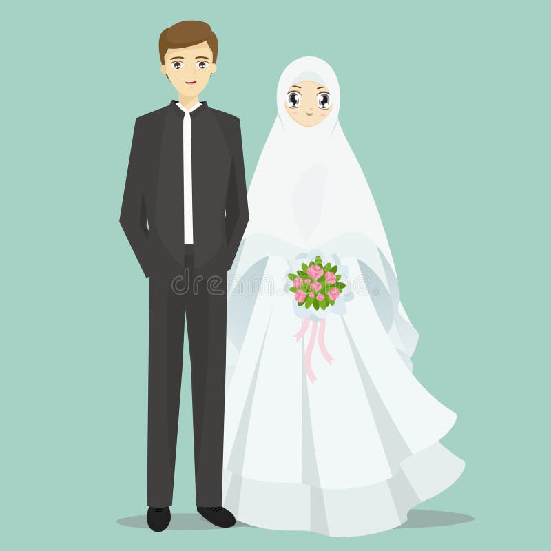 Muslim bride and groom cartoon illustration.