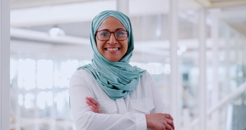 Muslim business woman, smile and senior portrait for management motivation, employee happiness and positive goals