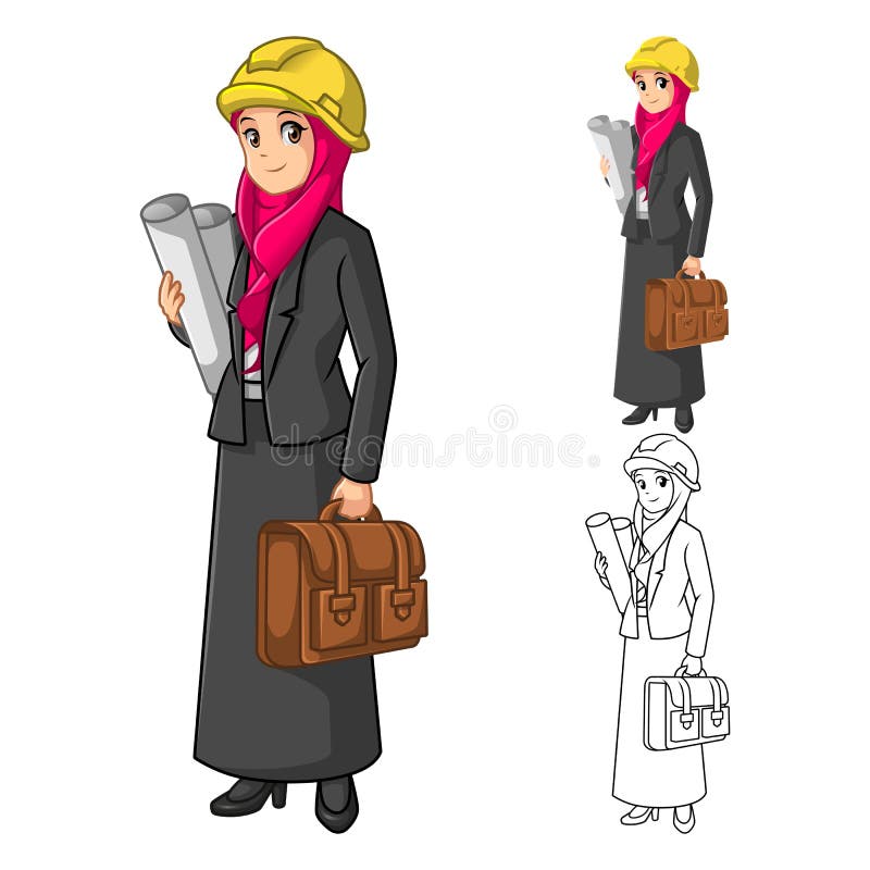 Muslim Businesswoman Architect Wearing Pink Veil or Scarf with Holding Briefcase vector illustration