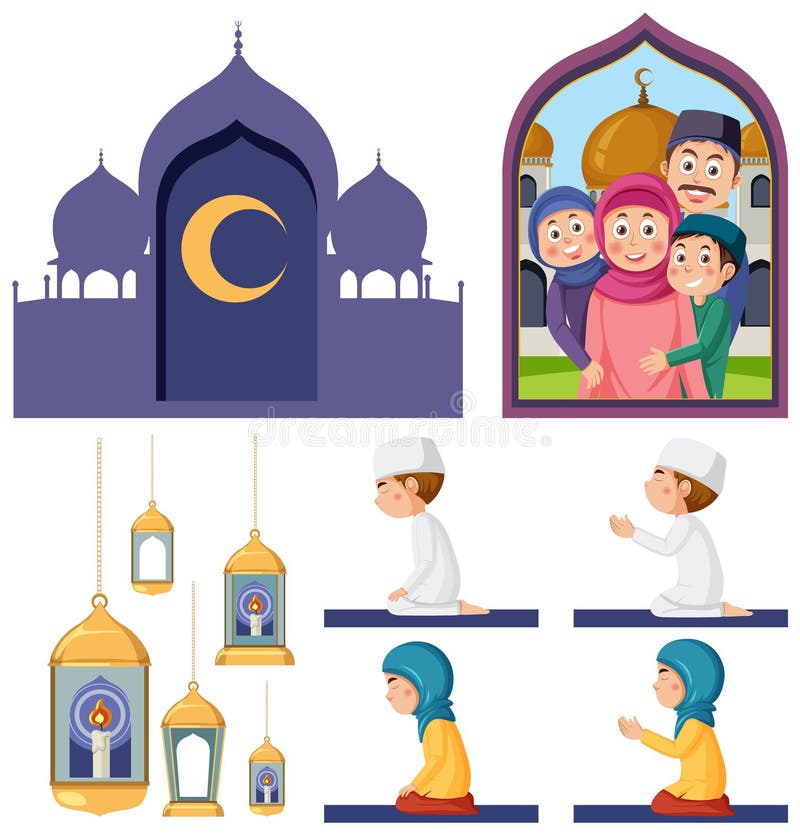 Muslim cartoon characters and objects vector royalty free illustration