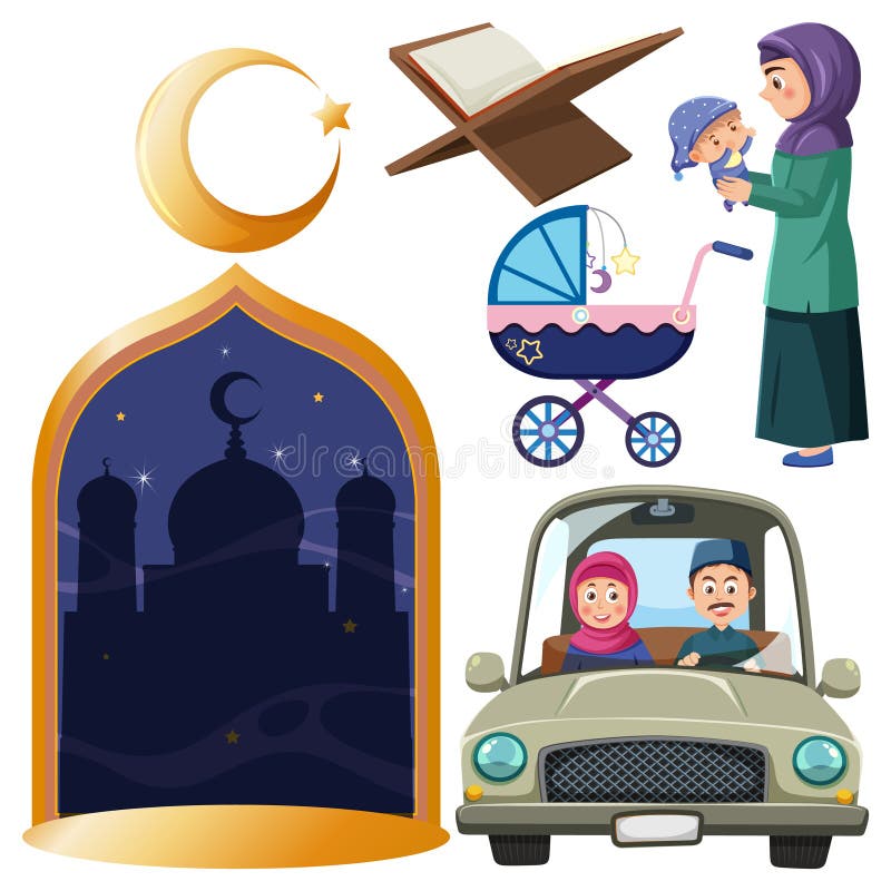Muslim cartoon characters and objects vector stock illustration