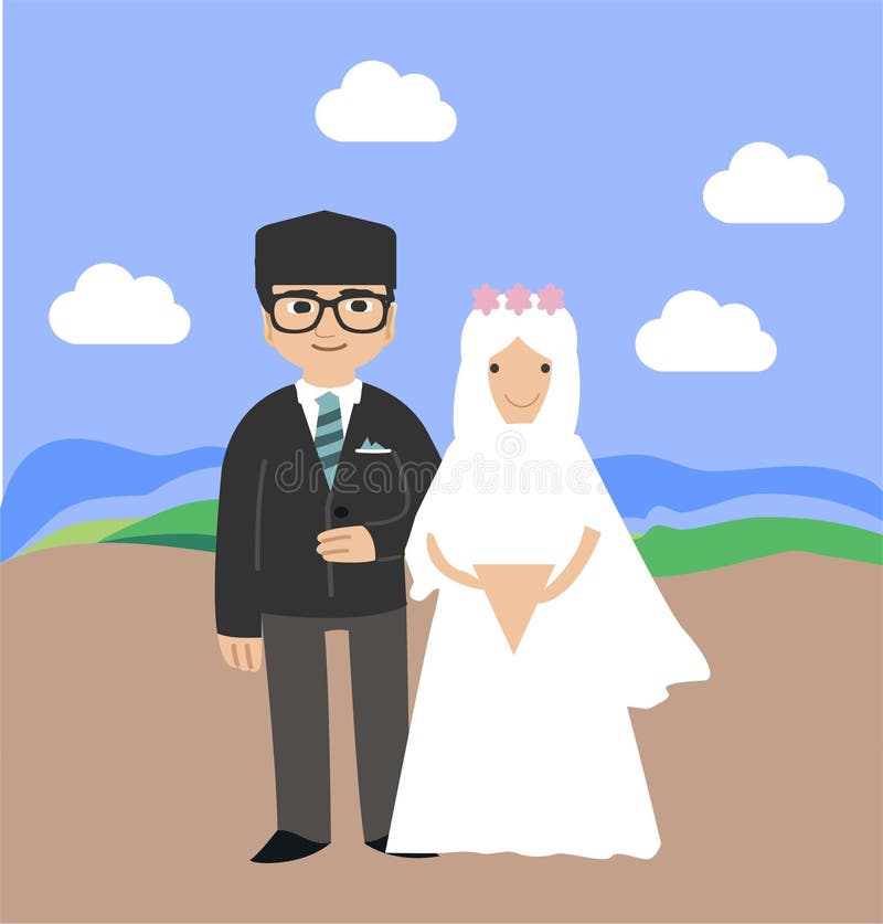 Muslim Bride And Groom Cartoon Illustration Stock Vector