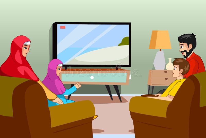 Muslim Family Watching TV at Home Illustration Stock Vector - Illustration  of cartoon, father: 130352875