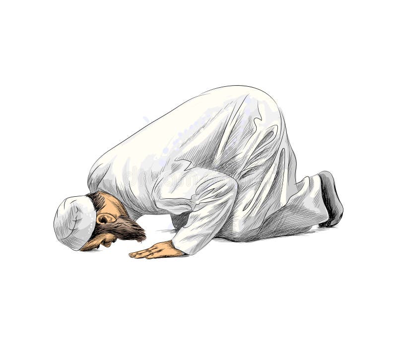 Muslim man praying, hand drawn sketch, illustration of paints