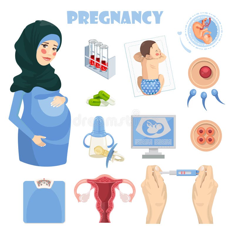 Muslim pregnant woman with set of medicine labels. Vector colorful illustration with pregnancy concept vector illustration Muslim pregnant woman with set of medicine labels. Vector colorful illustration with pregnancy concept vector illustration