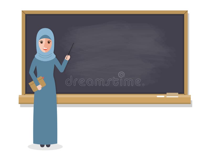 Muslim teacher teaching student in classroom