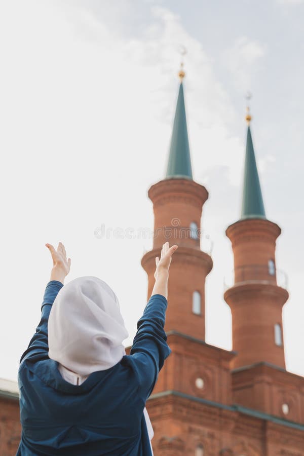 Muslim Woman Prayer Wear Hijab Fasting Pray To Allah on Mosque ...
