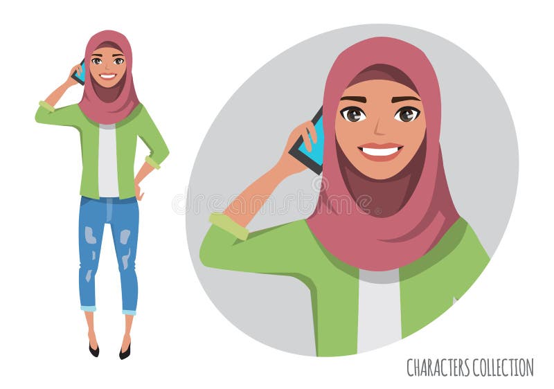 Muslim women character is talking on the phone. Muslim young woman wearing hijab.