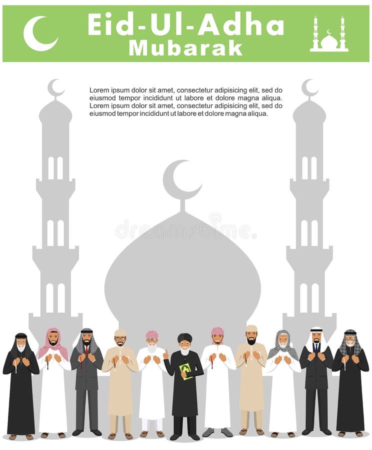 Muslimsk ferie Eid Al-Adha Festmåltid av offret Folk och mullah för olikt anseende be arabiskt i traditionellt stock illustrationer Muslimsk ferie Eid Al-Adha Festmåltid av offret Folk och mullah för olikt anseende be arabiskt i traditionellt stock illustrationer