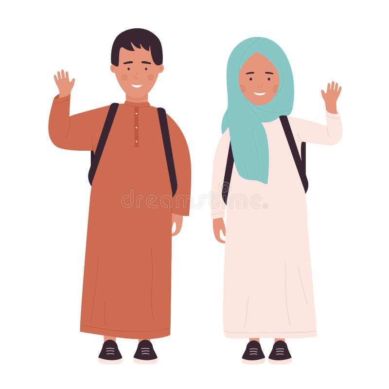Muslimska tonåringar med skolväskor som står tillsammans och vaknar hälsningar vektor illustrationer