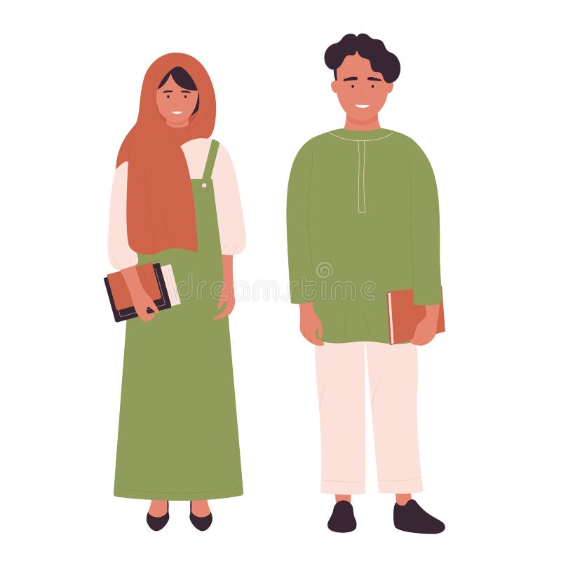Muslimska tonåringar med skolväskor som står tillsammans och vaknar hälsningar vektor illustrationer