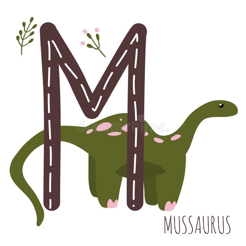 Mussaurus. Letter M with reptile name. Hand drawn cute herbivores dinosaur. Educational prehistoric illustration. Dino alphabet. vector illustration