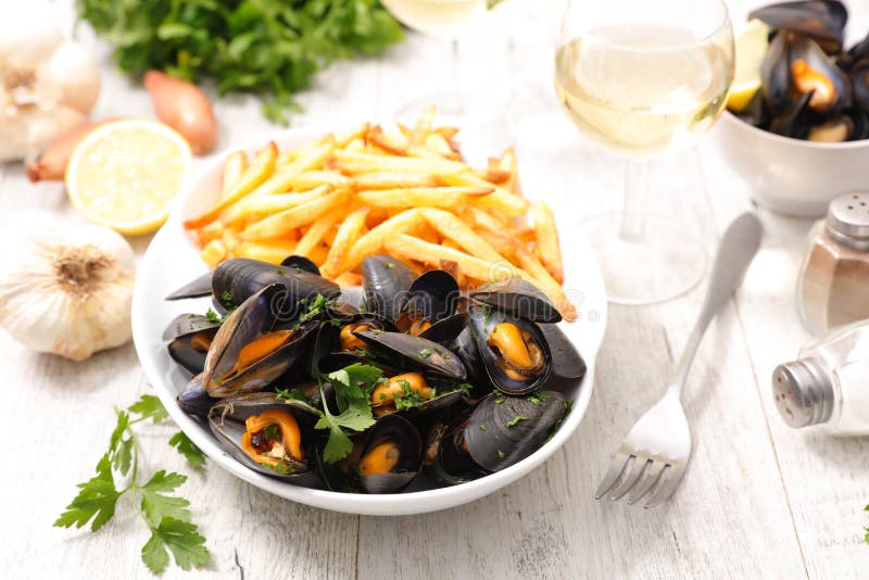 Mussel and french fries stock photo. Image of french 81446780