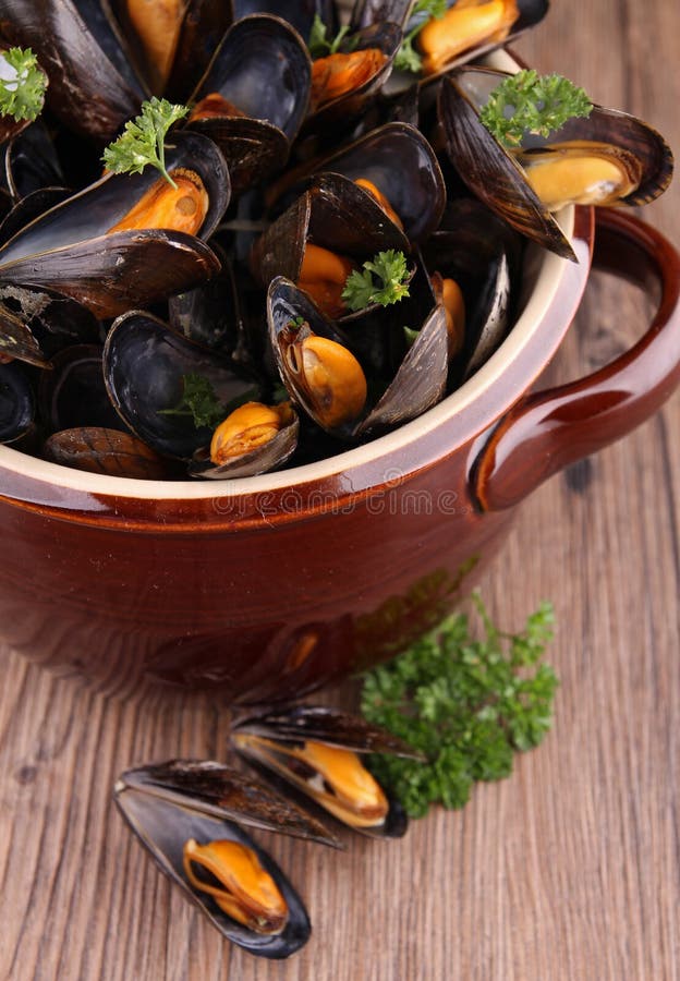 Cooking pot with mussels stock photo. Image of sauce 21060692