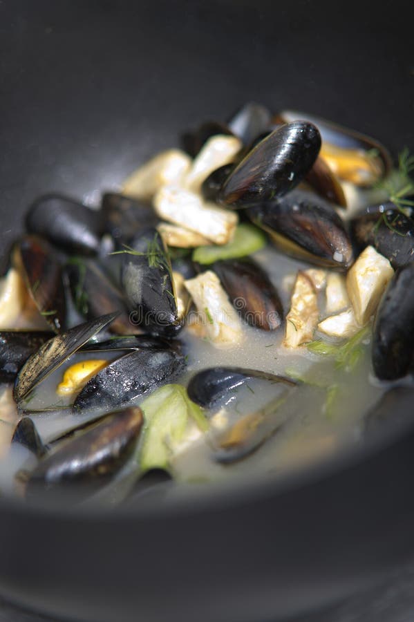 Mussels in a cooking pot stock image. Image of recipe 26966415