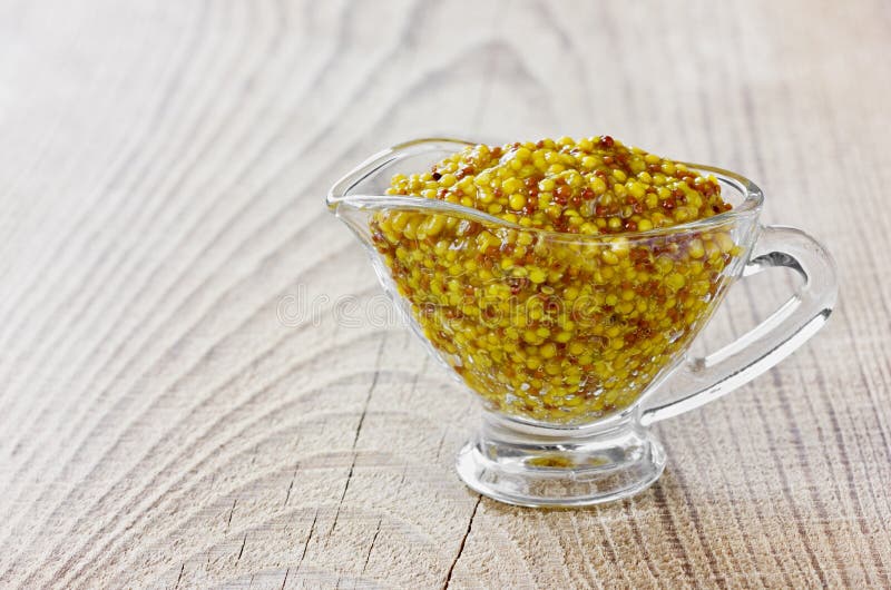 French Mustard, Dijon Mustard and Powder on Wooden Rustic Table from
