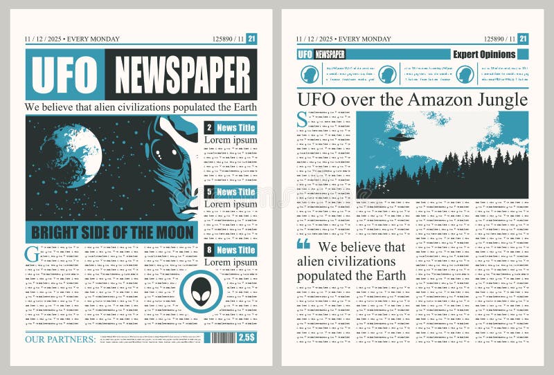 Muster für das Layout von Zeitungen zum Thema UFO. Vector-Template für das Layout der Zeitung zum Thema UFO Zeitungssäulen mit unleserlichem Text, Schlagzeilen und Illustrationen zum Thema außerirdische Zivilisationen, außerirdisch, UFO