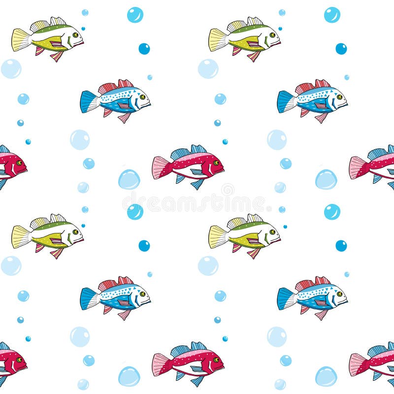 Muster mit bunten Fischen und Blasen für Druck auf Tapete, Gewebe, Gewebe Kind-` s und Baby ` s nahtloses Muster stock abbildung Muster mit bunten Fischen und Blasen für Druck auf Tapete, Gewebe, Gewebe Kind-` s und Baby ` s nahtloses Muster stock abbildung