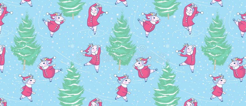 Muster mit fünf netten Einhornrochen mit einem Santa Claus-Mantel und -hut auf blauem Hintergrund lizenzfreie abbildung