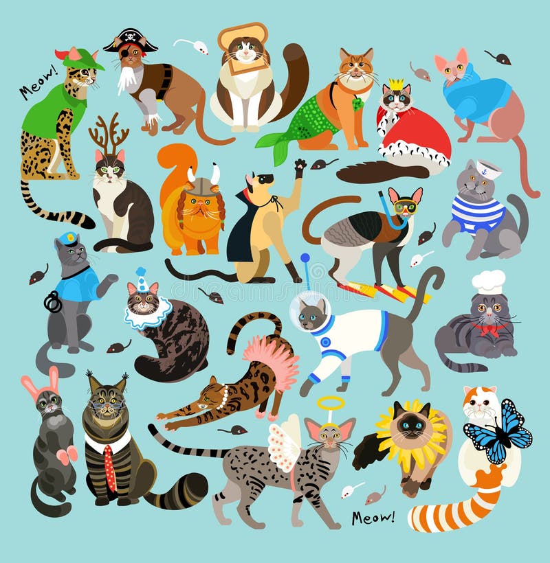 21 Cats Dressed In Costumes. Vector Illustration. 21 Cats Dressed In Costumes. Vector Illustration.