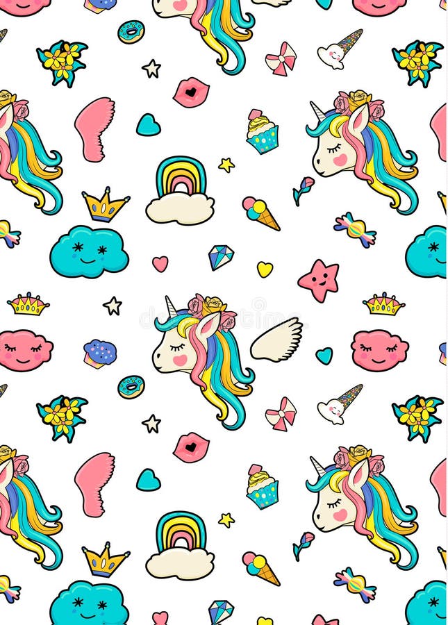 Muster mit netten Gesichtern von Einhörnern, Eiscreme, Sterne, Herzen, Donut, Regenbogen, Kronen, kleiner Kuchen, Flügel, Wolke vektor abbildung
