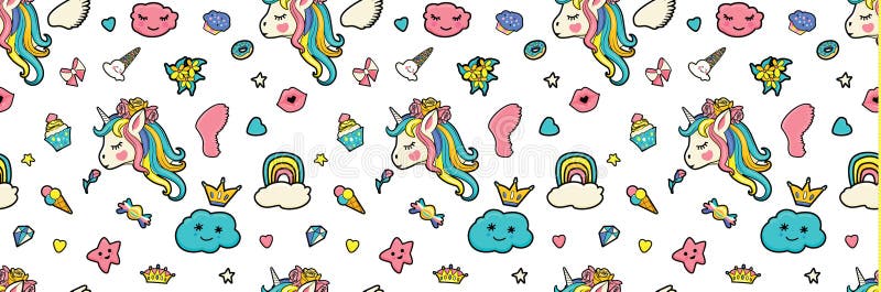 Muster mit netten Gesichtern von Einhörnern, Eiscreme, Sterne, Herzen, Donut, Regenbogen, Kronen, kleiner Kuchen vektor abbildung
