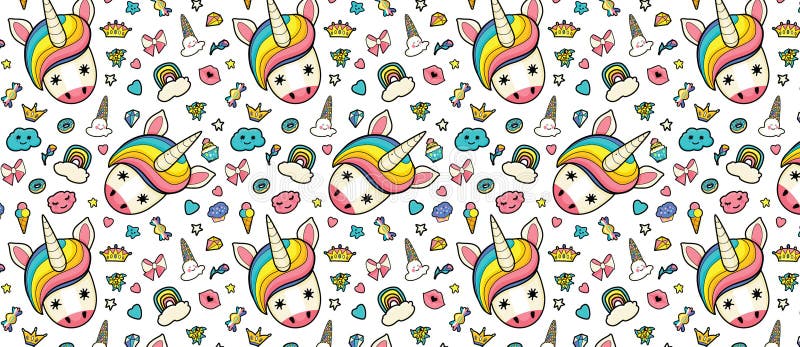 Muster mit netten Gesichtern von Einhörnern, Eiscreme, Sterne, Herzen, Donut, Regenbogen, Kronen, kleiner Kuchen vektor abbildung