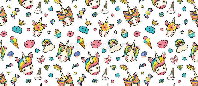 Muster mit netten Gesichtern von Einhörnern, Eiscreme, Sterne, Herzen, Donut, Regenbogen, Kronen, kleiner Kuchen vektor abbildung