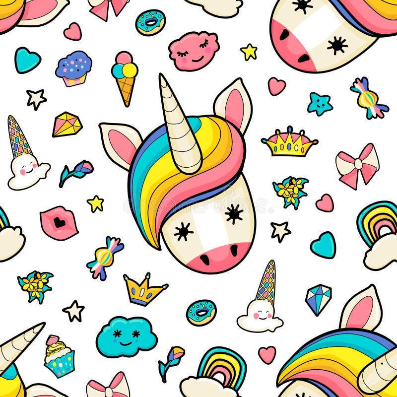 Muster mit netten Gesichtern von Einhörnern, Eiscreme, Sterne, Herzen, Donut, Regenbogen, Kronen, kleiner Kuchen stock abbildung